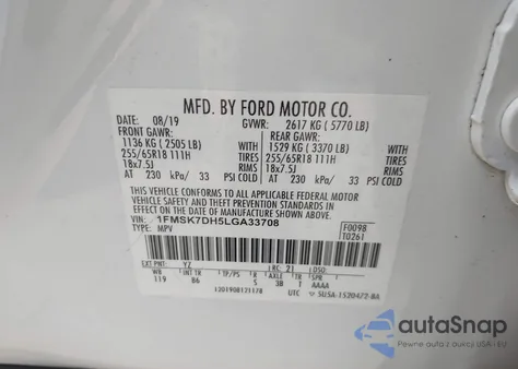 2020 Ford Explorer Xlt z USA, uszkodzony, nr VIN 1FMSK7DH5LGA33708